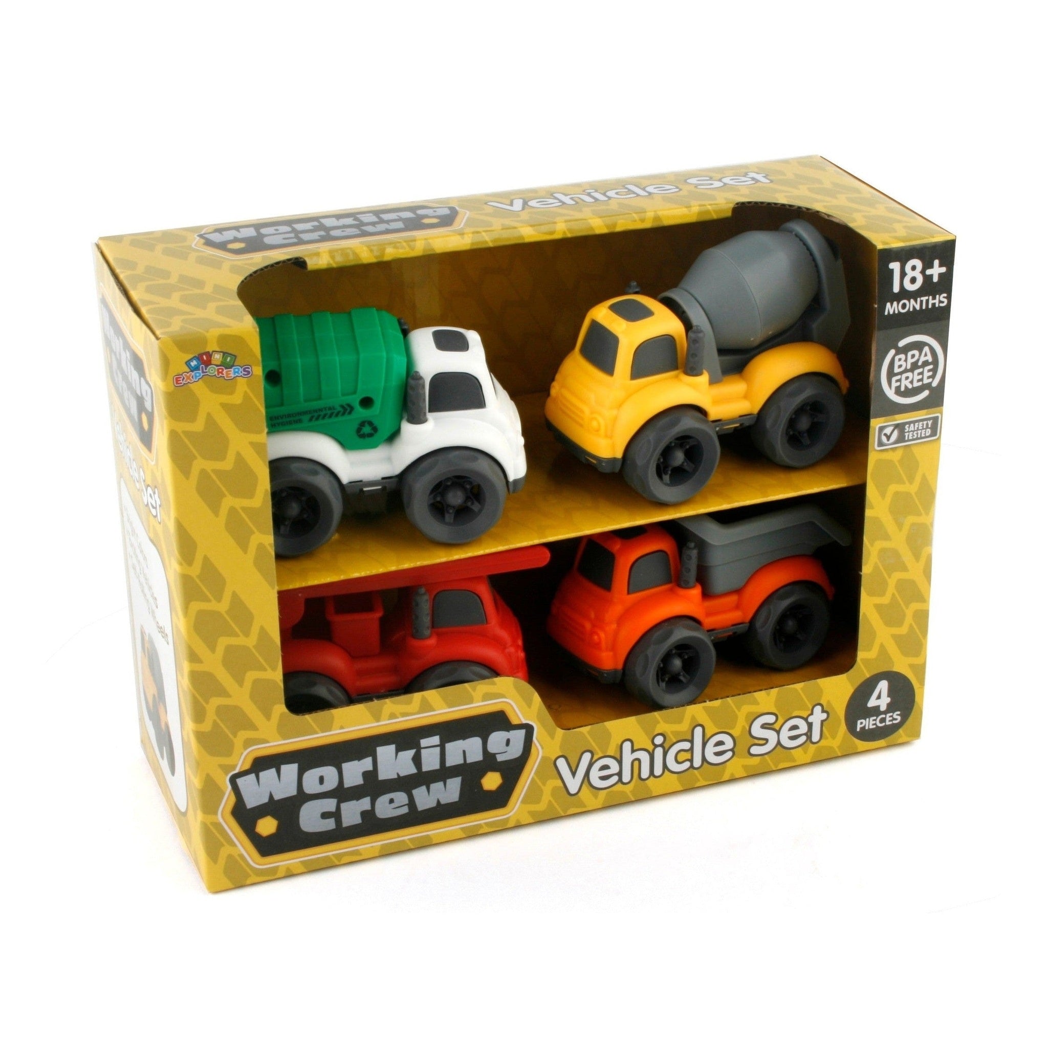A "Working Crew" four-piece toy vehicle set in its yellow and black box.